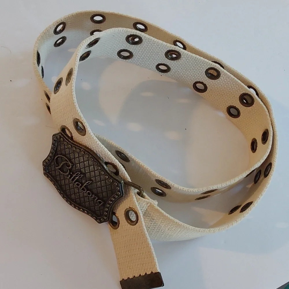 Vintage Billabong Cream Canvas Double Grommet Belt  Bronze Billabong Buckle L/XL